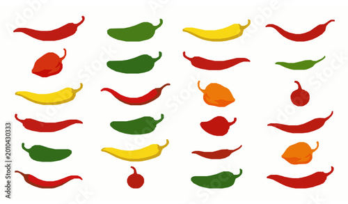 Bild auf Leinwand Colorful hot chili pepper vector set with various shapes and sizes isolated on w
