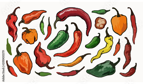 Hand drawn hot chili peppers set in artistic sketch style vector isolated on white background for rustic food design