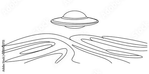 Photos A line art drawing of a flying saucer ufo hovering above a hilly landscape showi