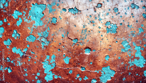 Rusty Peeling Paint Texture on Aged Copper Metal With Turquoise Patina Abstract Background.