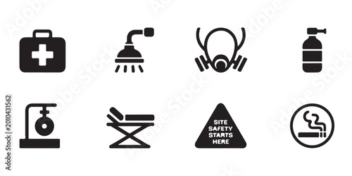 Solid black silhouette icons for workplace safety and emergency medical equipment