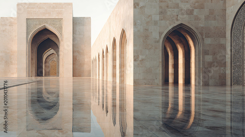 Grand mosque courtyard with reflective floor