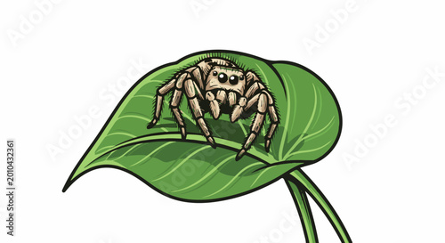 A detailed cartoon-style illustration of a jumping spider on a green leaf