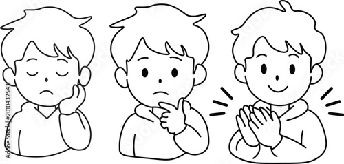 A simple line art illustration of a child showing a thinking expression. Ideal for educational content, problem-solving concepts, and emotion learning visuals.