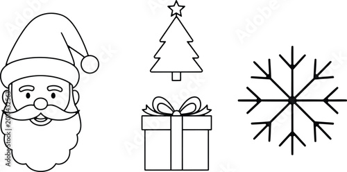 Fotografie Festive holiday trio santa claus christmas tree gift and snowflake line art