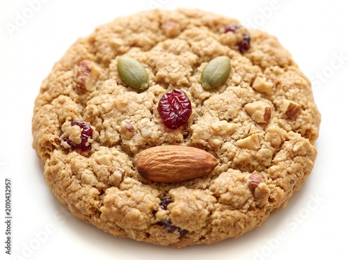 Delicious oatmeal cookie with nuts and dried fruits isolated on white background