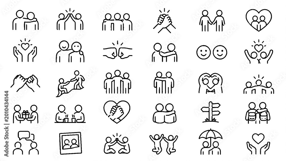 Fototapeta premium People and Family Line Icon Set – Social Group, Teamwork, Relationships, Community, Human Interaction Editable Stroke Vector Collection