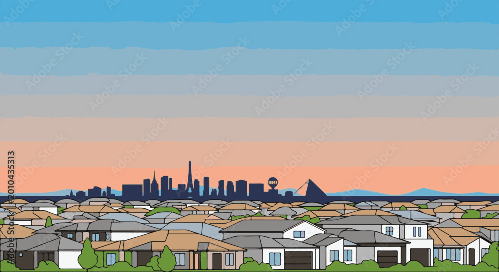 Fototapeta premium A suburban neighborhood with houses, a city skyline, and mountains under a sunset sky