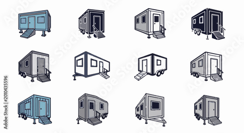 Twelve different isometric illustrations of portable cabins on a white background