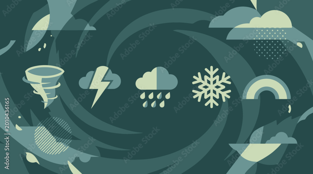 Fototapeta premium A graphic illustration depicting various weather phenomena including a tornado, lightning, rain, snow, and a rainbow.