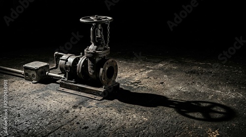 Industrial valve machinery against dark backdrop
