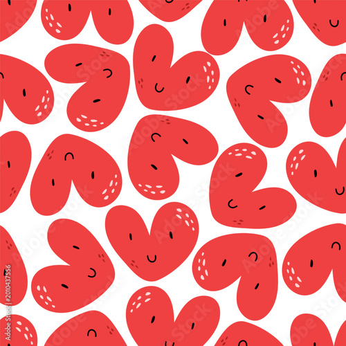 Seamless pattern with cute hand-drawn hearts. Red smiling heart characters on white background. Playful Valentines Day wallpaper.