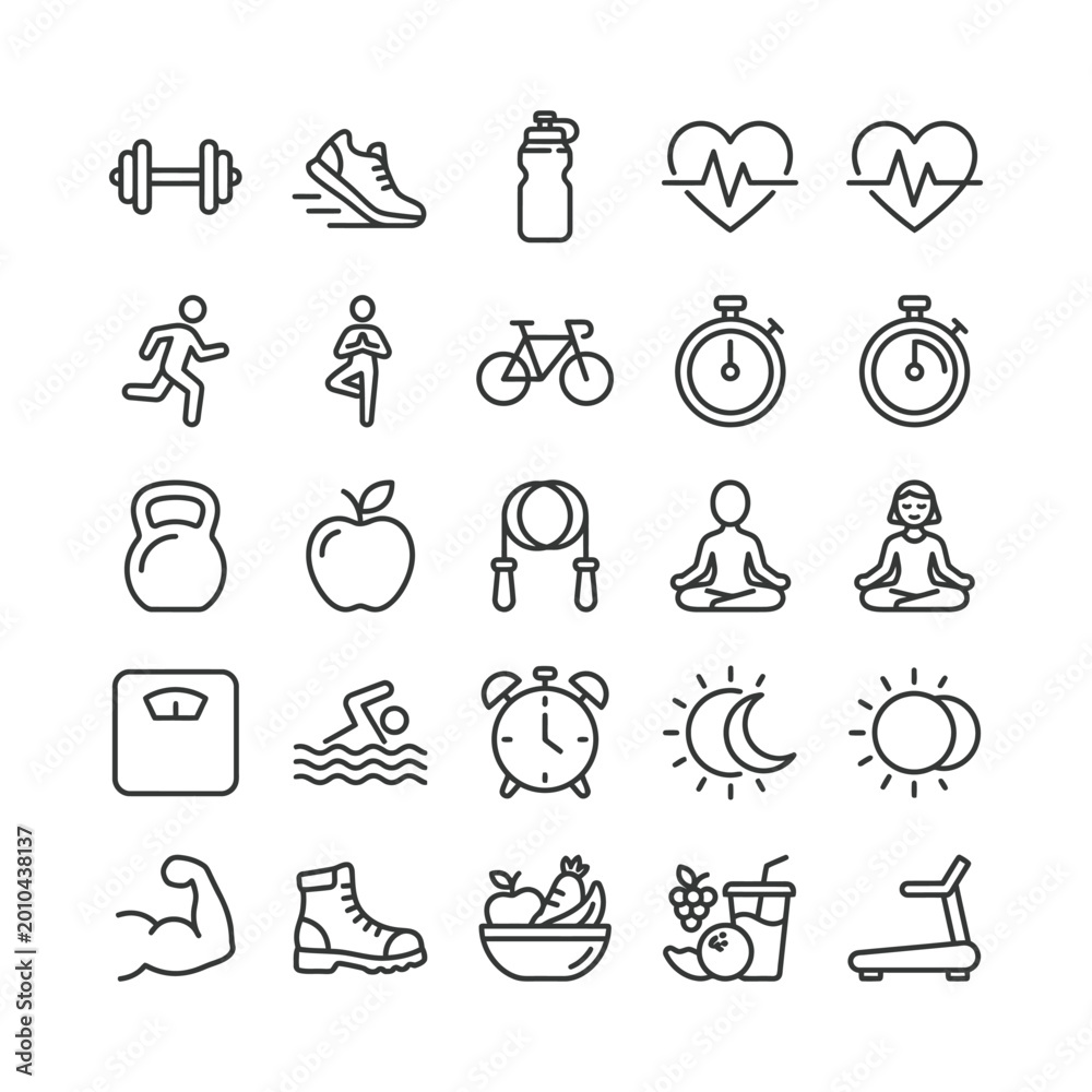 Fototapeta premium Fitness and healthy lifestyle icons vector illustration collection