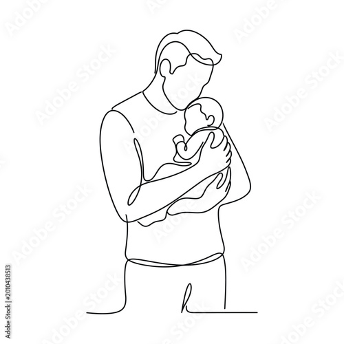 Father holding newborn baby in arms one line drawing
