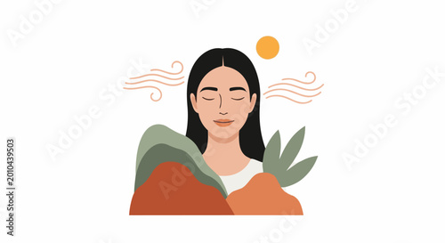 Woman meditating in nature with eyes closed and sun overhead.