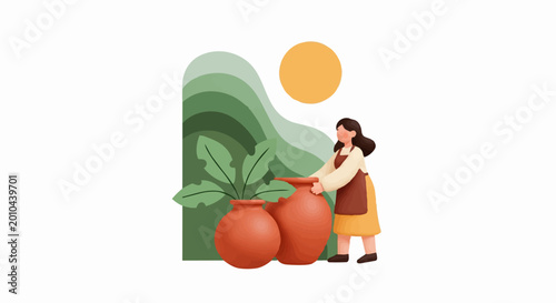 Woman tending to clay pots in a garden setting.
