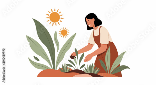 Valokuva Woman tending to plants in a garden with sun 1.