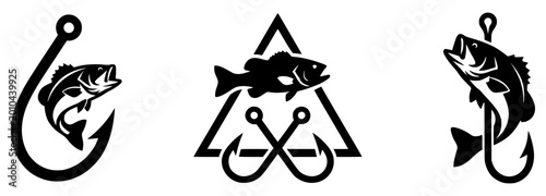 Tableau sur toile Bass Fishing Logo Emblem Vector Set, Largemouth Fish and Hook Silhouette Graphic