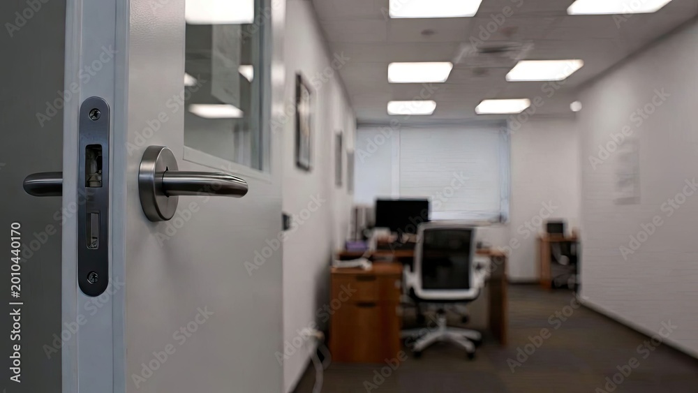 Fototapeta premium Contemporary office interior professional workspace with calm blurred door design
