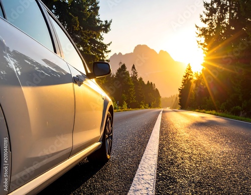 White car driving on a scenic road at sunset with mountains