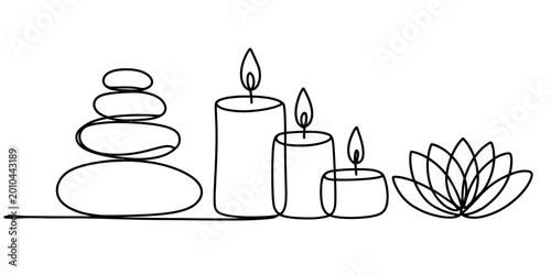 Canvas Print Continuous single line drawing of zen stones candles and a lotus flower for well