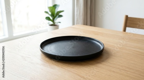 Black plate on wooden table with green plant and window