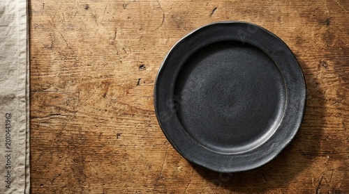 Black plate on wooden table with linen