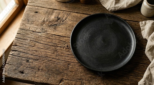 Black plate on wooden table with napkin and ceramic