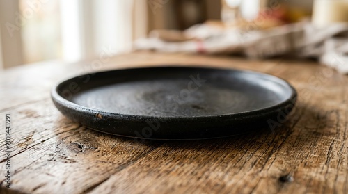 Black plate on wooden tabletop culinary still life