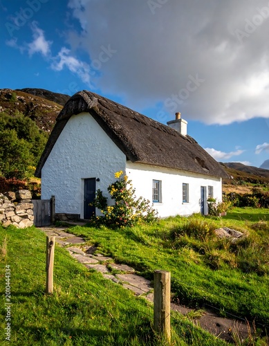 White cottage with thatched roof nestled in green grassy hillside