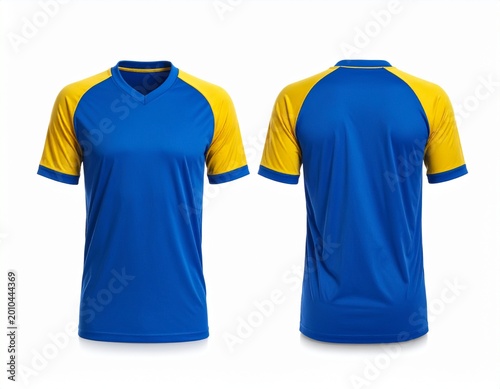 Minimalist Sports Jersey Mockup Front and Back View of a Blue and Yellow T-Shirt