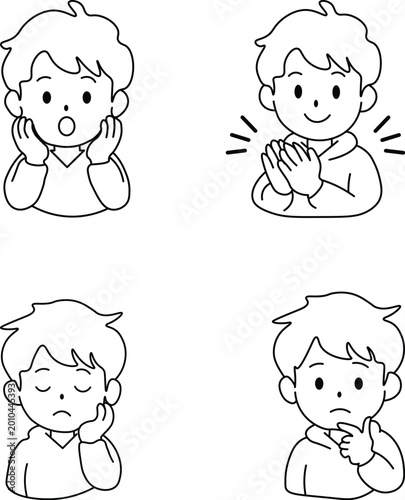 Cute Kids Facial Expressions Set Line Art Vector Illustration