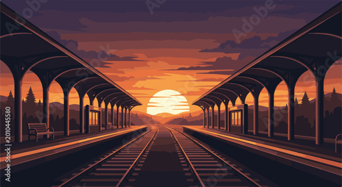 Pixel art train station at sunset, with tracks leading to the horizon