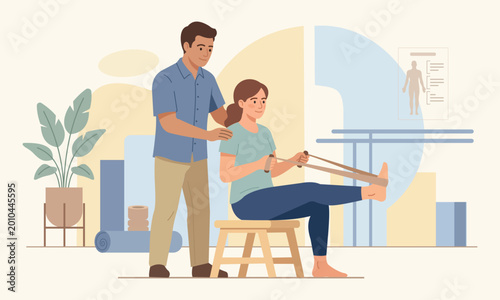 physical therapy session with male therapist assisting woman in leg exercise flat design vector illustration.