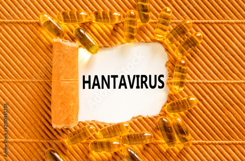 Hantavirus medical words symbol. Concept words Hantavirus on beautiful white paper. Beautiful brown background. Yellow pills. Medical Hantavirus concept. Copy space.