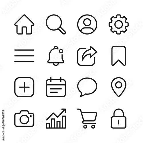 Canvastavla Versatile set of sixteen clean outline icons for user interface and web design