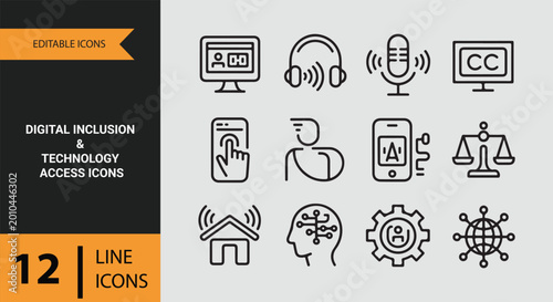 Digital inclusion technology access connectivity outline icon collection