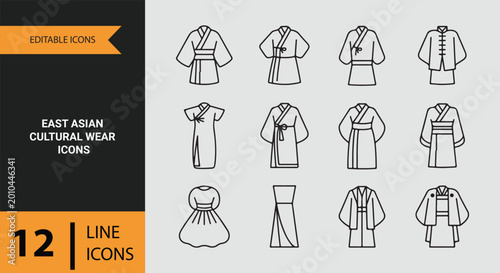 East Asian cultural wear traditional fashion outline icons