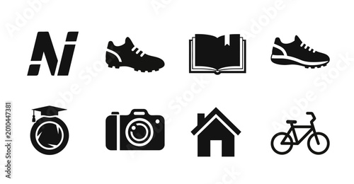 Fotografía 8 Lifestyle silhouette icons book camera bicycle house shoes, solid black style,