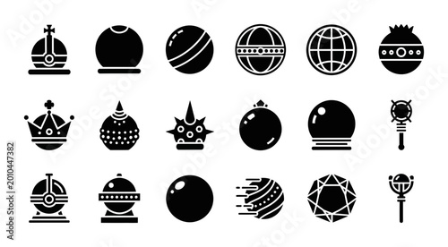 Canvastavla 18 Fantasy RPG silhouette icons crown crystal ball mace orb, solid black style,