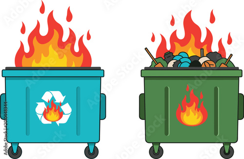 Canvas Print Cartoon-style vector illustration of burning trash bins with flames, one featuri
