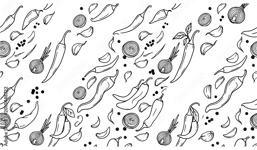 Obraz premium Chili garlic onion pepper diagonal seamless pattern minimalist hand drawn food vector