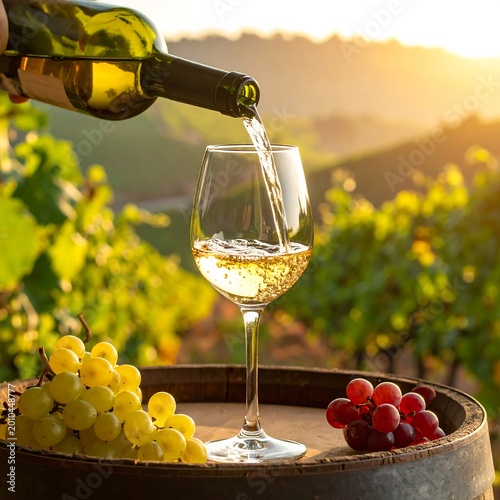 White wine being poured into a glass, with grapes, a barrel, and a vineyard at sunset in the background