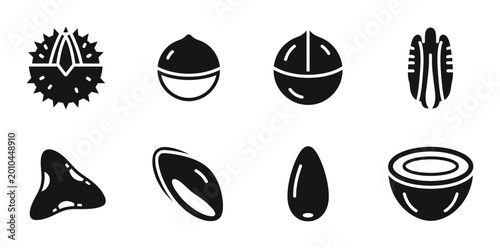 Cuadro en lienzo 8 Nut silhouette icons chestnut macadamia pecan almond coconut, solid black styl