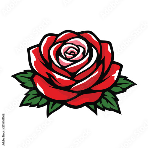 Vibrant red rose with green leaves a detailed floral illustration