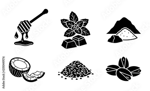 6 Food Ingredient Silhouette Icons Honey Mint Chocolate Coconut Pistachio, Solid Black Style, Healthy Cooking Set
