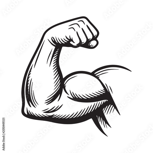 Strong arm flexing muscle illustration black and white sketch