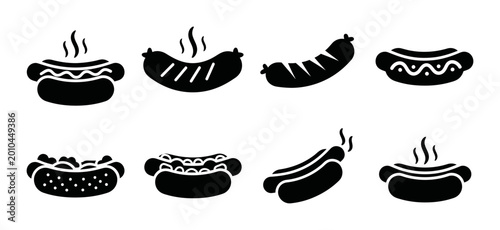 8 Hotdog silhouette icons bratwurst sausage mustard bun, solid black style, fast food restaurant set