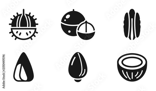 Bild auf Leinwand 6 Nut silhouette icons chestnut macadamia pecan almond hazelnut coconut, solid b