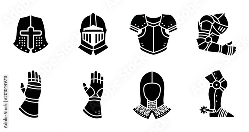 Tableau sur toile 8 Medieval Knight Armor silhouette icons including helmet gauntlet breastplate,